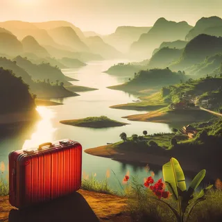 Кинематографический вид на холмы и реки Золотого треугольника с красным туристическим чемоданом на переднем плане