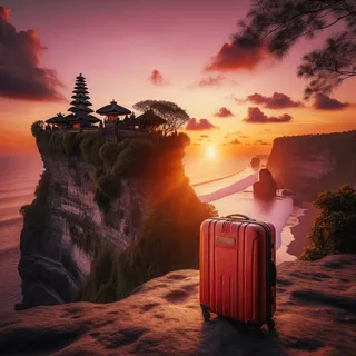 закат в храме Улувату с красным чемоданом на переднем плане