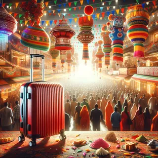 Изображение (не иллюстрация) только в очень реалистичном кинематографическом стиле. На изображении должен присутстовать красный туристический чемодан на колесиках. На изображении не должно быть людей.. Тема изображения: Фестивали Индии: топ-10 праздников, которые нельзя пропустить
