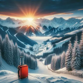 Зимний горнолыжный курорт с заснеженными горами и красным туристическим чемоданом на вечных склонах