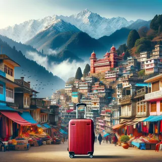 Реалистическое кинематографическое изображение живописного горного городка с разноцветными домами и уличной торговлей в Дехрадуне, со светло-голубым небом на фоне и красным туристическим чемоданом на колесиках на переднем плане