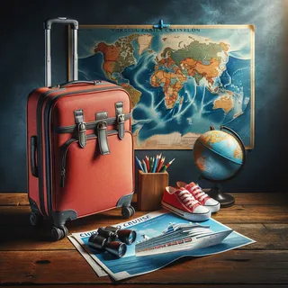 Изображение (не иллюстрация) только в очень реалистичном кинематографическом стиле. На изображении должен присутстовать красный туристический чемодан на колесиках. На изображении не должно быть людей.. Тема изображения: Как выбрать идеальный круиз для семейного отдыха с детьми  