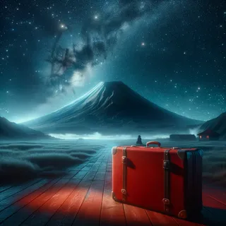 Реалистичное, кинематографическое изображение красного туристического чемодана на фоне мистического вулкана под ярким звездным небом