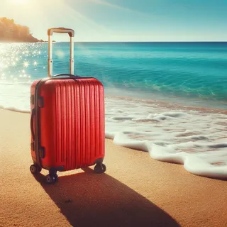 Солнечный день на пляже с лазурным морем, где на песке стоит ярко-красный туристический чемодан на колесиках, готовый к приключениям