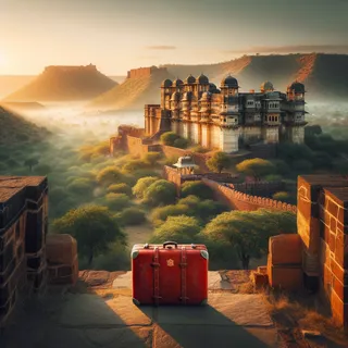 Форт Читторгарх в лучах рассвета, окруженный зеленью, и красный чемодан на фоне древних стен