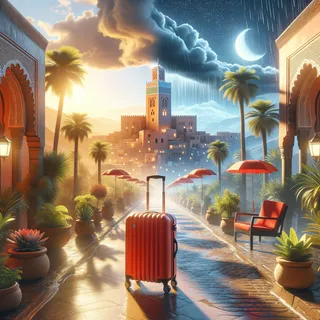 Изображение (не иллюстрация) только в очень реалистичном кинематографическом стиле. На изображении должен присутстовать красный туристический чемодан на колесиках. На изображении не должно быть людей.. Тема изображения: Климат в Марокко: погода по месяцам, лучшие туристические сезоны, советы для путешественников