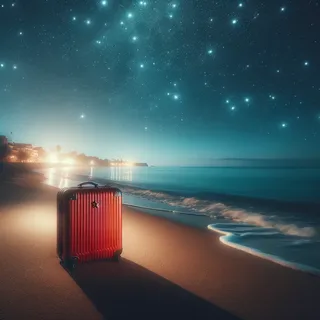 Ночной пляж с яркими огнями и красным туристическим чемоданом на песке, звезды на небе, морские волны