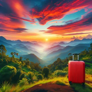 Изображение живописных гор Западных Гат на фоне заката с ярким красным туристическим чемоданом на переднем плане