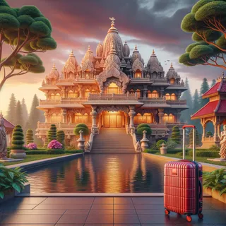 Роскошный храм в индийском стиле на фоне рассвета, вокруг зелёные деревья, на переднем плане красный чемодан на колесиках