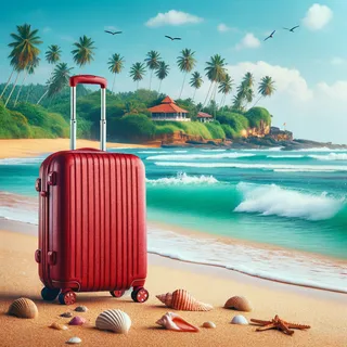 Красный туристический чемодан, стоящий на фоне живописного пляжа Шри-Ланки, с бирюзовыми волнами и экзотическим пейзажем на заднем плане