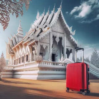 Чудесный вид на красивый белый храм в Чианг Рае с красным туристическим чемоданом на колесиках на переднем плане.