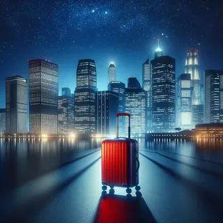 Изображение ночного города с множеством светящихся ламп и красным туристическим чемоданом на колесиках на переднем плане