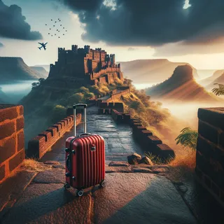 Изображение (не иллюстрация) только в очень реалистичном кинематографическом стиле. На изображении должен присутстовать красный туристический чемодан на колесиках. На изображении не должно быть людей.. Тема изображения: Форт Харихар (Харшагад), Индия