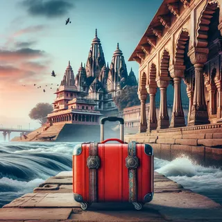 Кинематографическое изображение красного чемодана на колесиках в гиперреалистическом стиле, с фоном на котором видны священные реки Ганга и величественные храмы Индии
