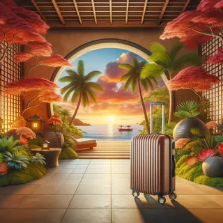 Реалистичное изображение туристического чемодана на колесиках перед входом в спа-центр на Хайнане, окруженного тропической растительностью и японскими кленами, закатное небо с теплыми оттенками