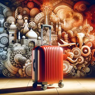 Изображение (не иллюстрация) только в очень реалистичном кинематографическом стиле. На изображении должен присутстовать красный туристический чемодан на колесиках. На изображении не должно быть людей.. Тема изображения: Почему нужно ехать в Индию за поиском себя?