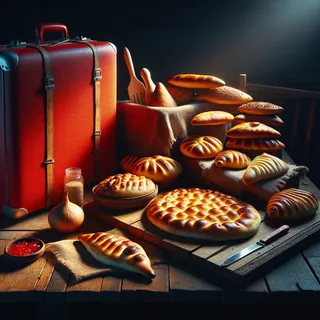 Изображение грузинских хачапури всех видов, лежат на столе из состаренного дерева, киношное освещение, красный туристический чемодан на переднем плане