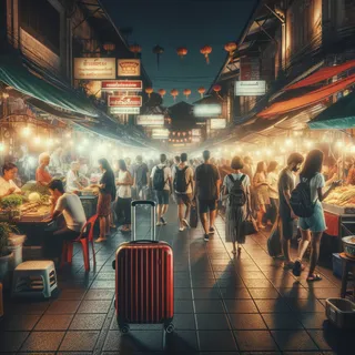 Кинематографическое изображение ночного рынка в Таиланде с яркими огнями и красным туристическим чемоданом на колесиках, расположенным в углу