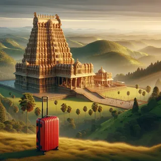 Реалистическое изображение, гиперреализм, акцент на деталях, шикарный индуистский храм в Индии на фоне пышной природы, перед храмом красный туристический чемодан на колесиках, людей нет, восход или закат солнца