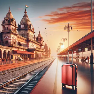 Реалистичное изображение главной железнодорожной станции Варанаси на закате с красным туристическим чемоданом на перроне