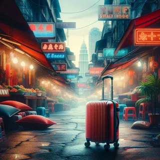 реалистичный кинематографический стиль, красный туристический чемодан на колесиках, уличный рынок, яркие вывески, экзотическая атмосфера, без людей