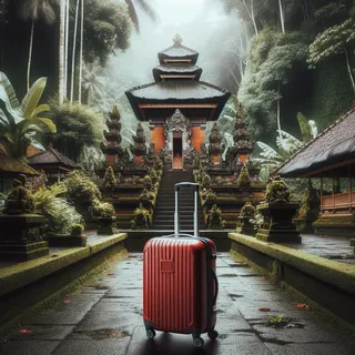 Красный чемодан на колесиках, стоящий на фоне балийского храма, окруженного растительностью, без людей, кинематографический реализм