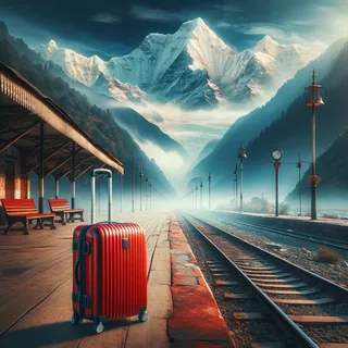 Кинематографичное изображение красного туристического чемодана на колесиках на фоне индийского железнодорожного перрона, с заснеженными Гималаями на заднем плане. Живописный и реалистичный стиль