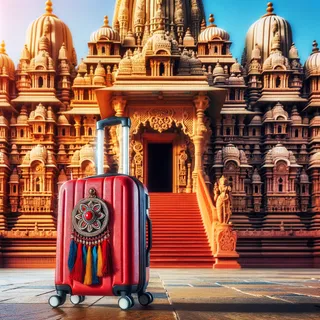 Фотография красного туристического чемодана на колесиках, стоящего на фоне величественного индийского храма с детализированными архитектурными элементами. Чемодан выделяется на фоне богатых орнаментов и ярких красок храма.