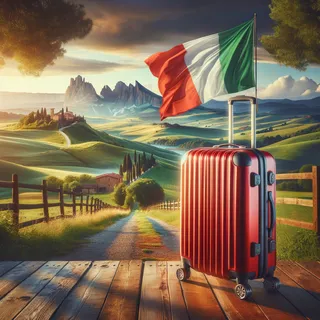 Красный чемодан на колесиках стоит на фоне живописного итальянского пейзажа, где в небе развивается итальянский флаг, реалистичное кинематографическое изображение, HDR