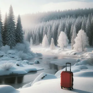 Пейзаж с зимним лесом в Швеции, покрытым густым снежным покровом, и стоящим в стороне красным туристическим чемоданом на колесиках