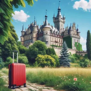 Красивая старинная крепость среди зелени с элегантными башнями и молодежной атмосферой вокруг, с красным туристическим чемоданом на переднем плане на фоне яркого голубого неба