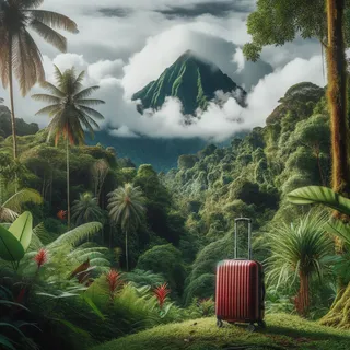 Красивый тропический лес с горой, облака и зеленые деревья на фоне возвышающегося пика, на переднем плане красный туристический чемодан на колесиках среди тропических растений