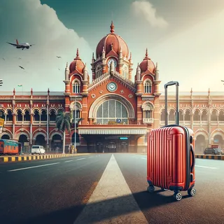 Красный туристический чемодан на колесиках на фоне железнодорожного вокзала Ченнаи в солнечный день, реалистичный кинематографический стиль