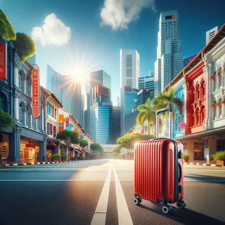 Красный туристический чемодан на колесиках стоит на идеально чистой улице Сингапура, яркие вывески магазинов, футуристические здания и зелень обрамляют городской пейзаж, солнце ярко светит на фоне голубого неба
