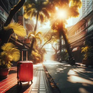 Тропическая улица в Бангкоке, залитая солнечным светом, с пробивающимся через листву светом; на переднем плане красный туристический чемодан на колесиках, стоящий на тротуаре