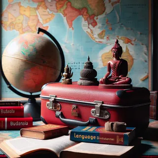 На столе лежит красный туристический чемодан. Слева от него стоит маленькая статуя будды. Перед чемоданом лежат языковые словари. На заднем плане часть карты Индонезии. Глобус Земли в углу стола. Вся атмосфера погружает в тему очсновной культуры Индонезии.