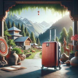 Изображение (не иллюстрация) только в очень реалистичном кинематографическом стиле. На изображении должен присутстовать красный туристический чемодан на колесиках. На изображении не должно быть людей.. Тема изображения: Манали: Где природа встречает традиции — путеводитель по горному раю