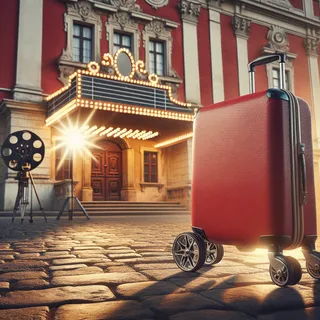 Реалистичное изображение красного чемодана на колесиках, стоящего перед историческим зданием в Зренянине, Сербия, в кинематографическом стиле