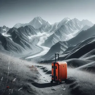 Горы Кавказа с красным туристическим чемоданом на тропе в кинематографическом стиле