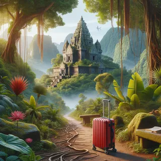 На фоне горы в джунглях стоит древний храм, окруженный экзотическими растениями, рядом на тропе стоит красный туристический чемодан на колесиках
