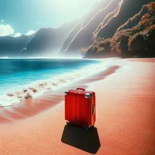 Фотография яркого пляжа на Южном Бали с красным чемоданом на песке, кинематографический стиль, без людей