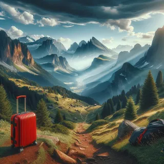 панорама горного пейзажа с красным туристическим чемоданом на тропе