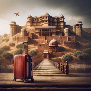 Изображение (не иллюстрация) только в очень реалистичном кинематографическом стиле. На изображении должен присутстовать красный туристический чемодан на колесиках. На изображении не должно быть людей.. Тема изображения: Форт Читторгарх, Индия