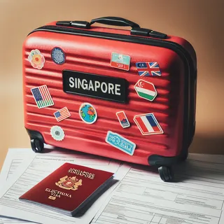 изображение туристического красного чемодана на фоне документации для электронной визы в Сингапур