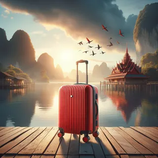 Изображение (не иллюстрация) только в очень реалистичном кинематографическом стиле. На изображении должен присутстовать красный туристический чемодан на колесиках. На изображении не должно быть людей.. Тема изображения: Баланс духовного и материального, как достичь гармонии?