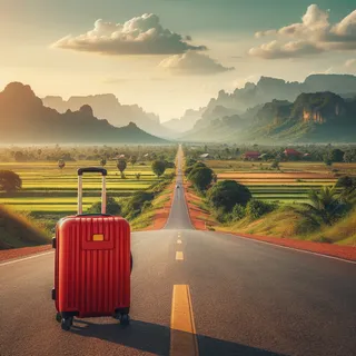 Красивый вид на дорогу между Камбоджей и Таиландом с красным туристическим чемоданом на переднем плане, стоящим на обочине дороги. Пейзаж с зелеными полями и горами на горизонте в солнечный день