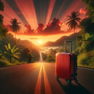 Очень реалистичное изображение красного туристического чемодана на колесиках, стоящего на фоне живописной дороги вблизи границы с зелеными тропическими лесами и теплыми закатными красками неба, магическим сходом солнца