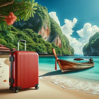 Красный туристический чемодан стоит на пляже с бирюзовой водой и белым песком рядом с деревянной лодкой на фоне прибрежных скал и густой тропической зелени, кинематографический стиль