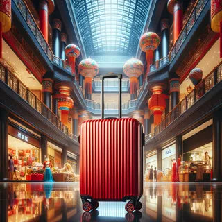 Кинематографический вид на торговый центр с красным туристическим чемоданом на колесиках, стоящим в центре зала, окруженный светом и экзотическими товарами