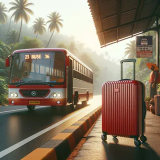 Кинематографический стиль изображения с красным туристическим чемоданом на колесиках, стоящим возле автобуса на автобусной остановке. Реалистичные детали природы и окружающей среды в Гоа.